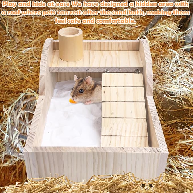 PINVNBY Hamster Sand Bath Box Wooden Shower Room Digging Sand Bathtub Container with Climbing Ladder Bowl Bathroom for Dwarf Syrian Mice Mouse Gerbils and Other Small Animals