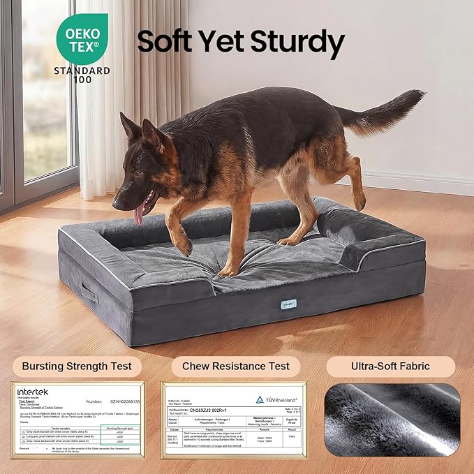 OhGeni Orthopedic Dog Bed Couch Big Cat Sofa for Extra Large Sized Pets with Memory Foam, Machine-Washable Waterproof Removable Cover, Soft Comfortable Fabric, 44-inch (Gray & Thickened Version)