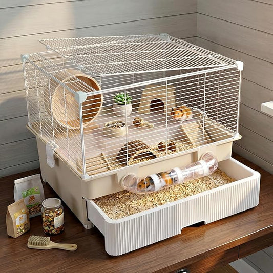 Oneluck 2 Tiers Large Hamster Cages with Accessories,Drawer-Style for Easy Cleaning,Small Animal Habitats for Syrian Hamster,Gerbil, Mice(White)