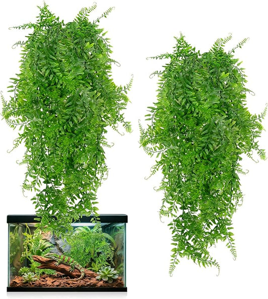 RAINFLOW 2PCS Reptile Plants for Terrarium - Fake Hanging Terrarium Plants, Artificial Boston Fern for Bearded Dragon Snake Geckos Hermit Crab Lizard Chameleon Turtle Reptile Decor(L31.5)