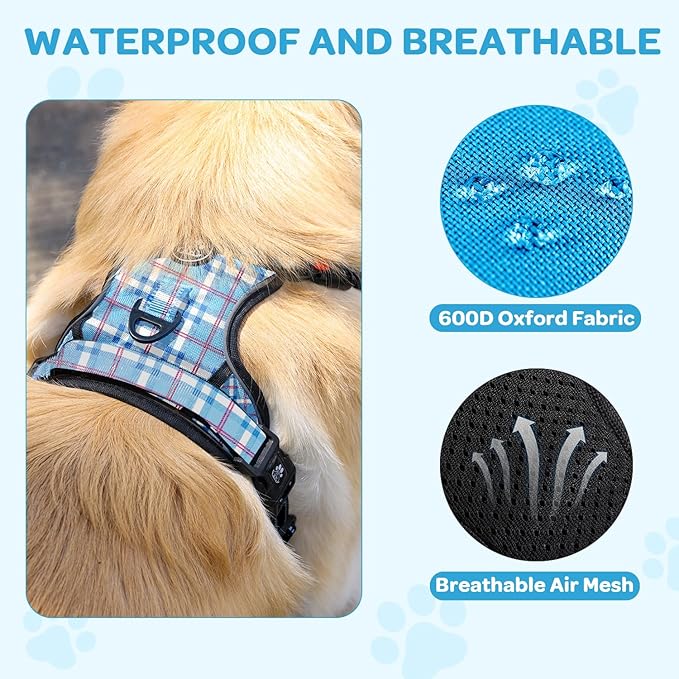FURRYFECTION Plaid Dog Harness for Large Dogs, Reflective No Pull Adjustable Pet Vest with Front Clip, Leash, Easy Control Handle and Seat Belt, Blue&White, XL