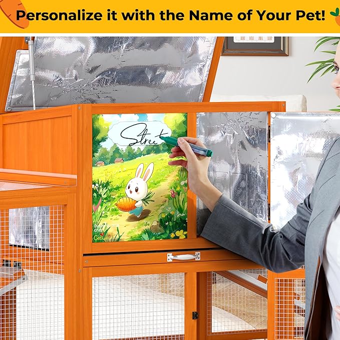 COZIWOW Large Wooden Rabbit Hutch Outdoor Indoor Bunny Cage, 2-Level Small Animal House Enclosure with All-Covered Sloped Roof (Orange with Warm)