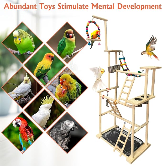 Hamiledyi Natural Wood Bird Playground Stand with 4 Large Layers - Exercise Perch and Wooden Foraging Puzzle Toys