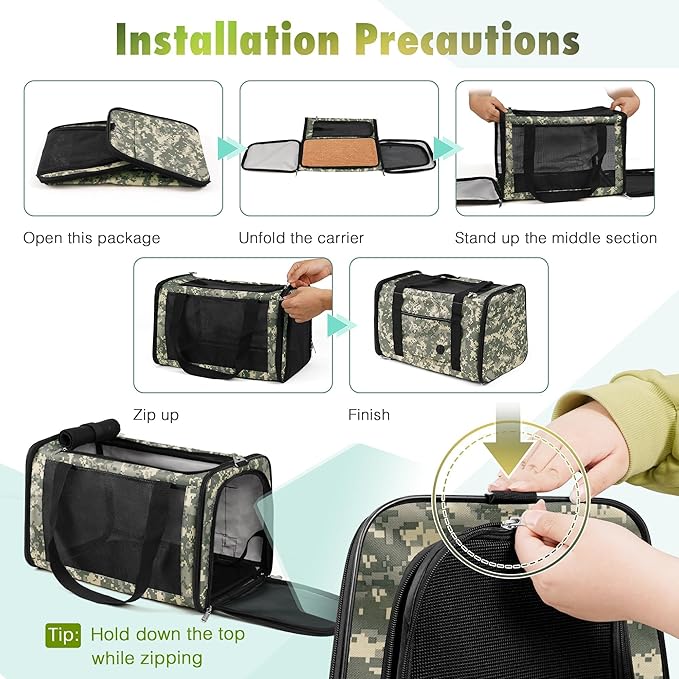 Cat Carrier Soft 25lbs Two Loading Pet Carriers Portable Small Dog Puppy Airline Approved Carrier with Side Pockets Foldable Portable for Outdoor Car Digital Camouflage