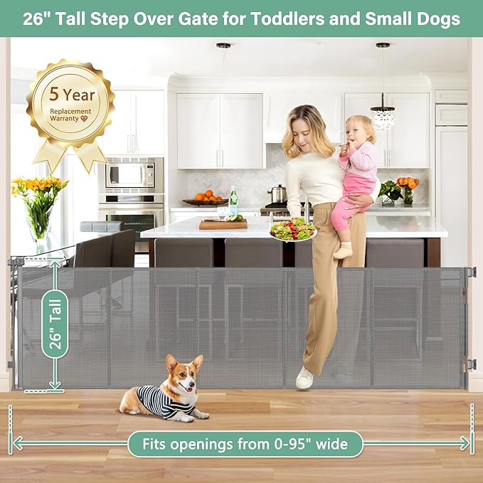 Reinforced 26 Inch Tall Retractable Child Gate to Step Over 95" Wide Small Retractable Baby Gates for Stair Retractable Dog Gate Short Mesh Dog Gate Retractable Toddler Gates for Doorways Doggy Gate