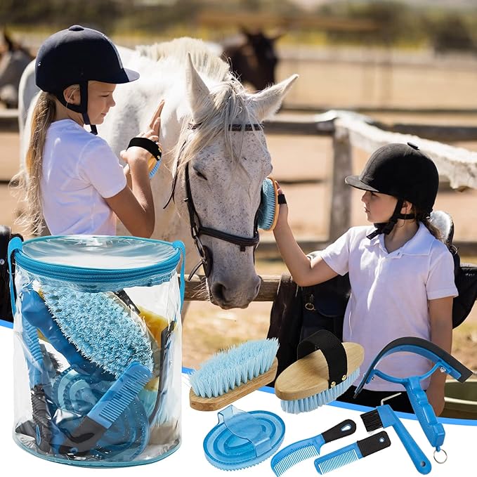 Cunhill 9 Pcs Horse Grooming Kit Tack Room Supplies Set with Tote Bag, Oval Massage Curry, Hard and Soft Brush, Hoof Pick, Sweat Scraper, Bathing Sponge, Comb for Horse Rider(Cute,Blue)