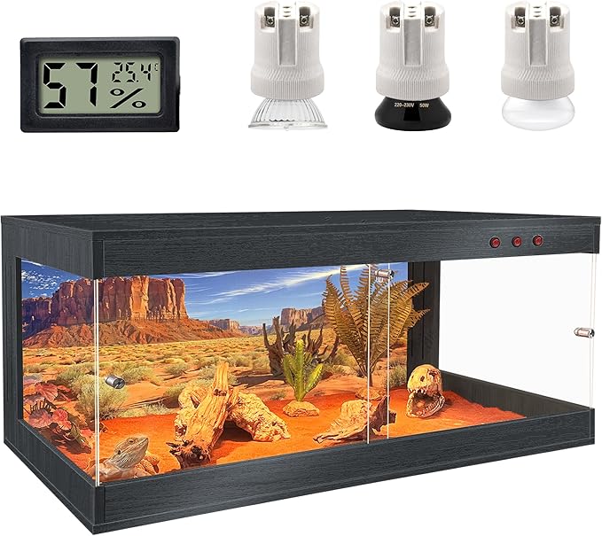 ROYXEN Reptile Tank, 81 Gallons Reptile Enclosure with Lockable Design, Tempered Glass Bearded Dragon Tank for Lizard Habitat, Soild Wood Built-in Sockets (Black, 47.5"x19.5"x19.5")