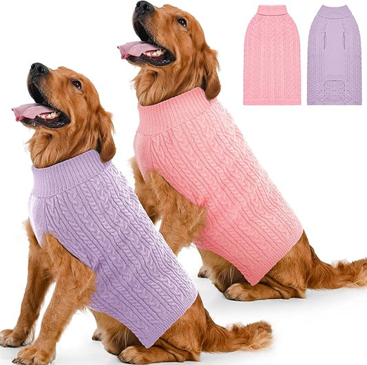 2 Pack Dog Sweaters for Large Dogs Winter Turtleneck Pullover Cable Knit Fleece Stretch Pitbull Labrador Golden Retriever Doberman Bulldog Boy Girl Pet Clothes (XXL, Pink & Purple)