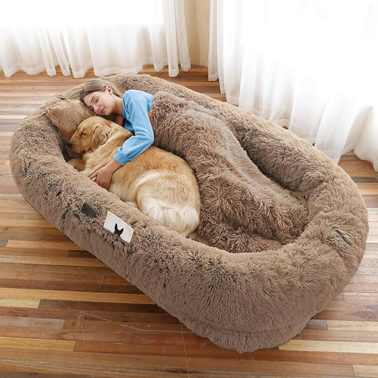 WROS Human Dog Bed, Large Dog Beds for Humans Size Fits You and Pets, Washable Faux Fur Orthopedic Human Pet Bed for People Doze Off, Napping, Present Pillow, Blanket, Strap - Khaki