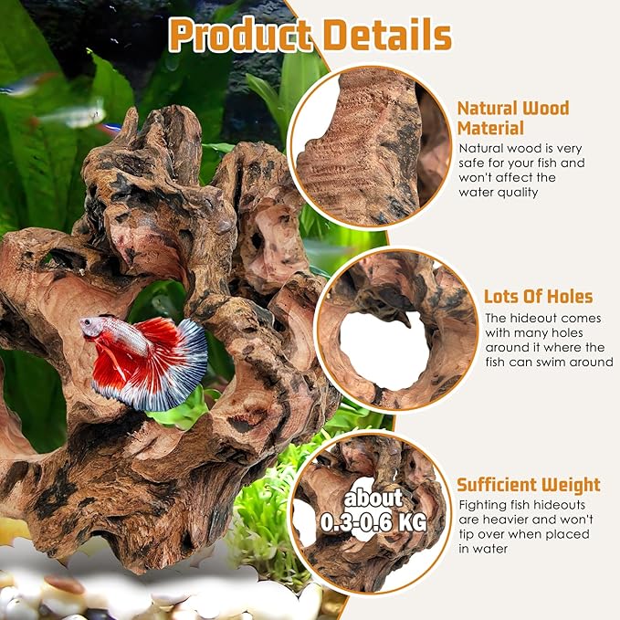 PINVNBY 2 PCS Betta Fish Hideout Natural Wood Aquarium Cave Driftwood Aquascaping Fish Tank Decorations for Shrimp Crayfish and Other Small Aquatic Pets