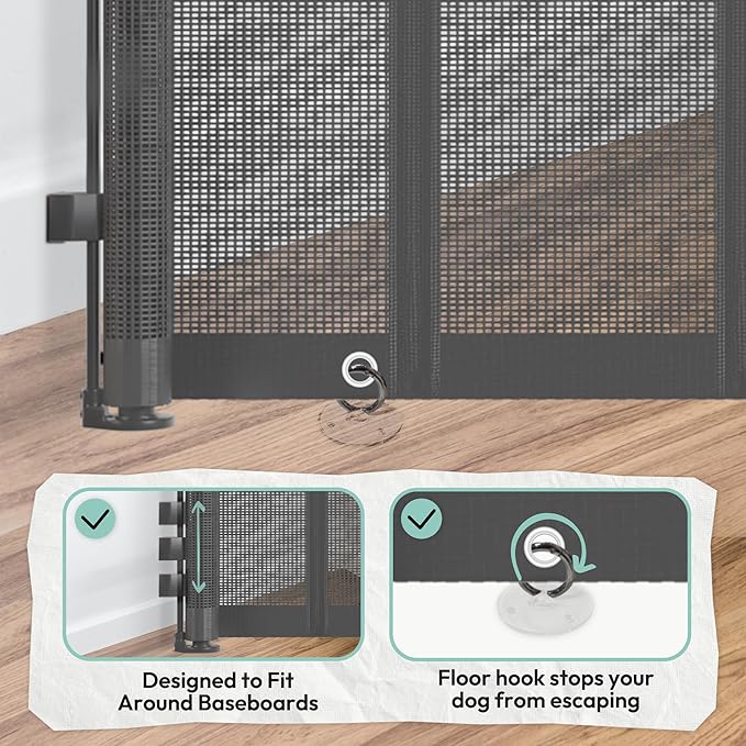 34" H Tall Mesh Dog Gate Extends Up to 150" W Retractable Pet Gate with Drill Installation, Preventing Crawling Through for Stairs, Doorways, Indoor & Outdoor (Gray)