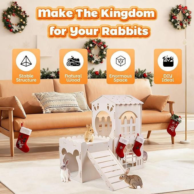 Large Rabbit House, Wooden Bunny Castle with 3 Houses Indoor, Rabbit Guinea Pig Cage Multistory Climbing Tower Sturdy Wooden Castle, Small Animal Hideaway Tunnel