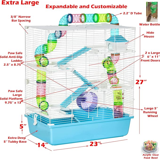 Extra Large 23" Multi-Tiers Easy Setup Hamster Palace Gerbil Habitat Mouse House Mice Home Critters Cage Complete Set of Accessories Expandable Customizable Hide House Food Bowl Running Wheel