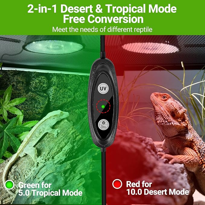 UVB Reptile Light 5.0 & 10.0, UVB Light Bulb Fixture with Dimming, 6W UVA UVB Lamp for Bearded Dragon Gecko Lizard Chameleon Turtle Snake, One Click for Tropical & Desert Reptile