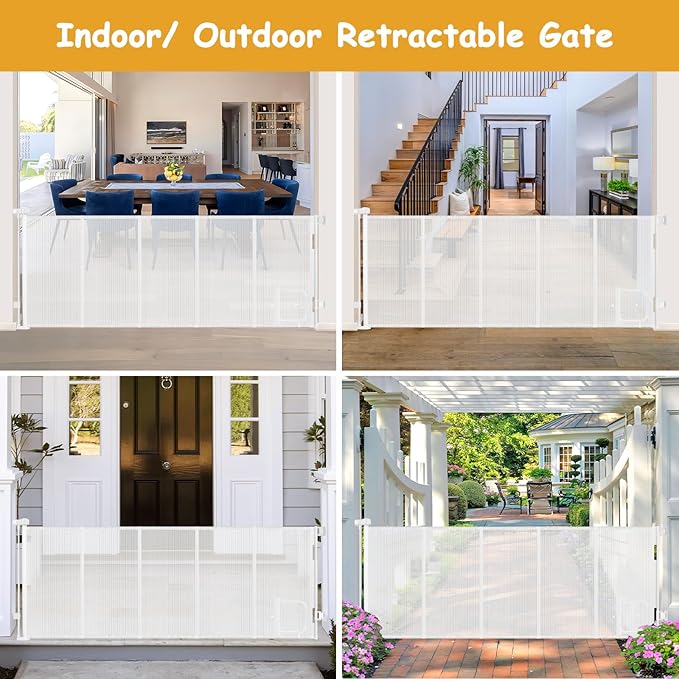 Reinforced 90” Extra Wide Retractable Baby Gate with Cat Door 33 Inch Tall Retractable Gates for Dogs Indoor with Door 7.5 Ft Extra Long Baby Gates for Large Openings Mesh Pet Gate Indoor, White