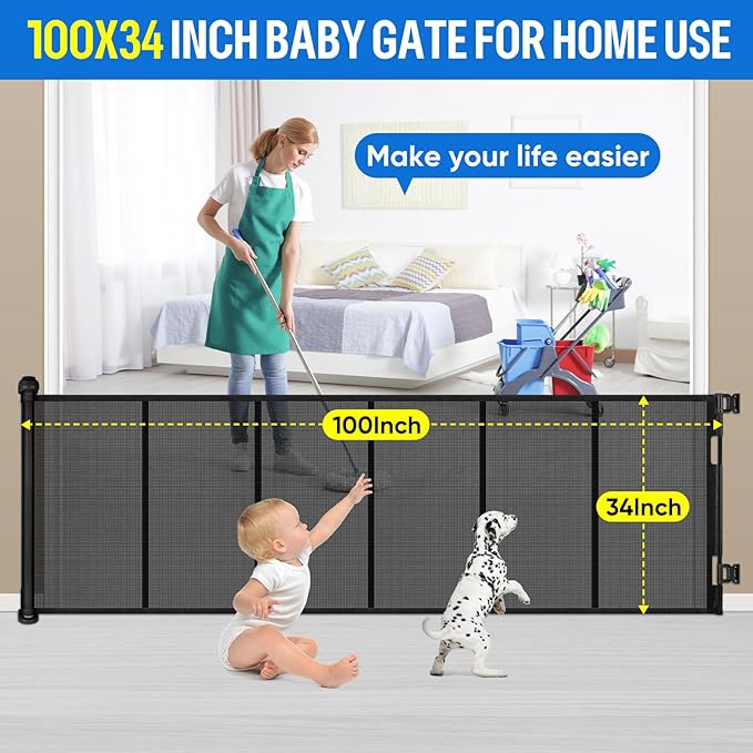 34X100” Extra Wide Safety Retractable Baby Gate, Extra Wide Safety Kids or Pets Gate, 34” Tall, Extends to 100” Extra Wide, Built-in Reinforce Strip Mesh Safety Dog Gate for Stairs (Black)