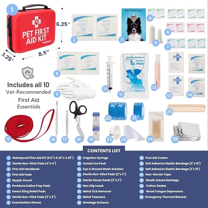 Dog First Aid Kit - Vet Approved Emergency Supplies - Pet First Aid Kit Guide, Tick Remover, Slip Leash & Medical Essentials for Home, Camping, Car, RV, Travel (Essential Pack)
