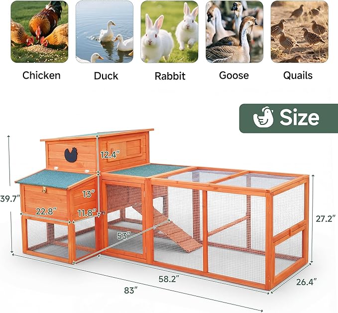 XLarge Chicken Coop with Nexting Box and Run Premium Poultry Cage with Waterproof Roof and Tray Spacious Wooden Chicken House Size for Backyard Small Animals 3-4 Chickens and Duck Orange 83"