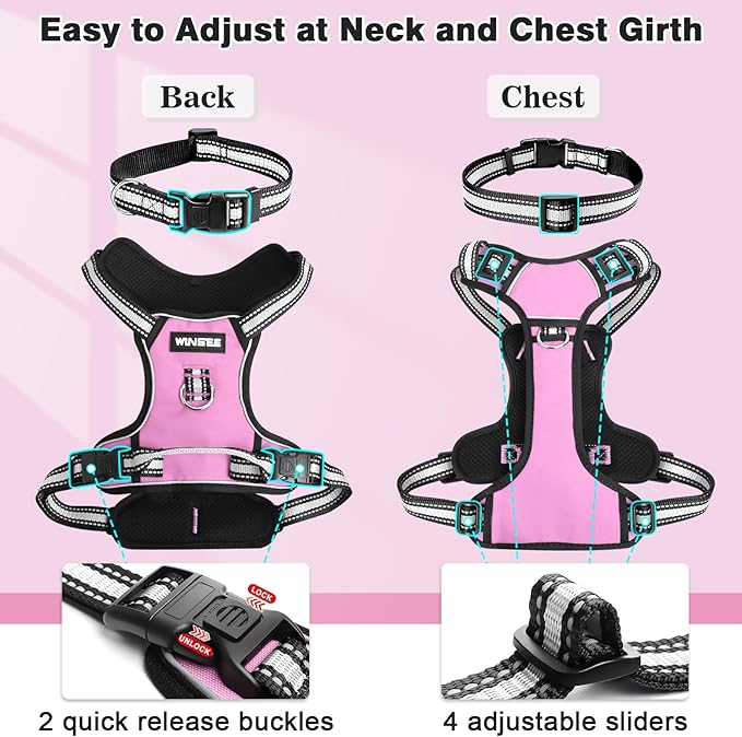 WINSEE Dog Harness No Pull, Pet Harnesses with Dog Collar, Adjustable Reflective Oxford Outdoor Vest, Front/Back Leash Clips for Small, Medium, Large, Extra Large Dogs, Easy Control Handle for Walking