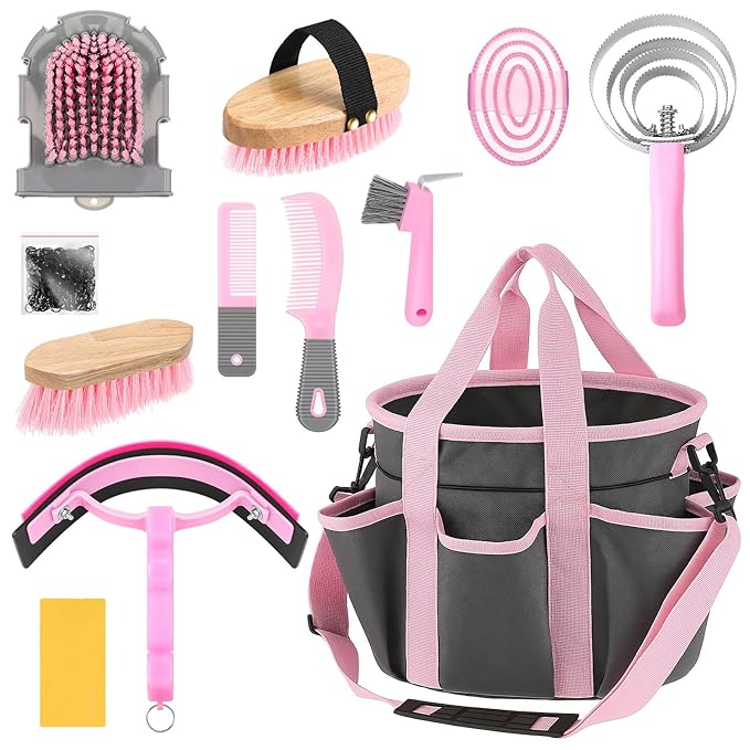 Abbylike 12 Pieces Horse Grooming Kit with Organizer Tote Bag Tack Room Supplies Horse Brush Sets Equine Care Cleaning Kit Shedding Grooming Massaging Tools (Grey and Pink)