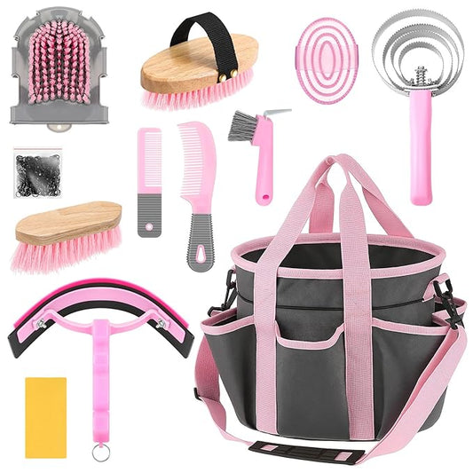 Abbylike 12 Pieces Horse Grooming Kit with Organizer Tote Bag Tack Room Supplies Horse Brush Sets Equine Care Cleaning Kit Shedding Grooming Massaging Tools (Grey and Pink)