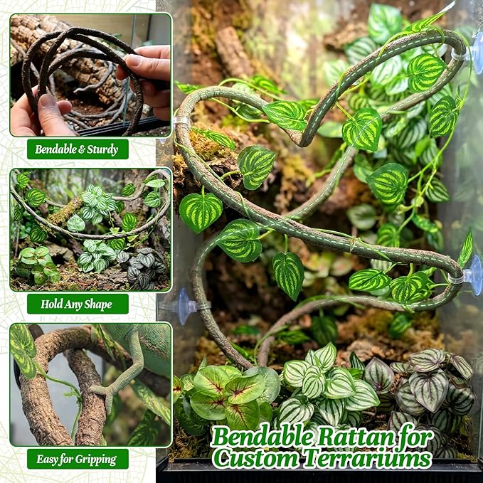 5 Pcs Reptile Plants & Habitat Decor Kit - Artificial Plants & Large 3.3ft Jungle Vine Branch, Artificial Leaves with Suction Cup Tank Decor Accessories for Crested Gecko, Lizard, Snake,Forg,Tortoise