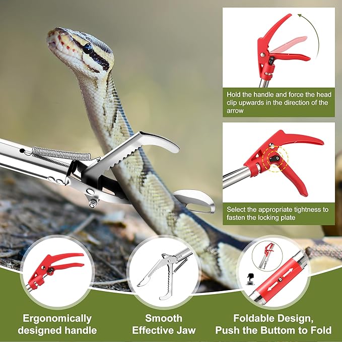 Qualirey Snake Grabber Tool Set, 50" Foldable Snake Tongs and 16"-24" Extendable Catcher Net with Handling Gloves, Professional Reptile Heavy Duty Catcher Wide Jaw Handling Tool