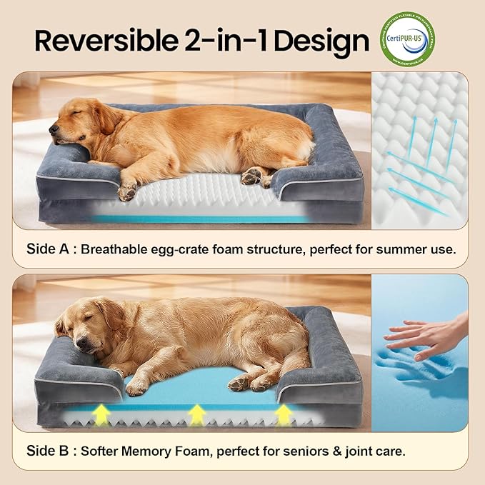 OhGeni Orthopedic Dog Bed Couch Big Cat Sofa for Extra Large Sized Pets with Memory Foam, Machine-Washable Waterproof Removable Cover, Soft Comfortable Fabric, 41-inch (Gray)