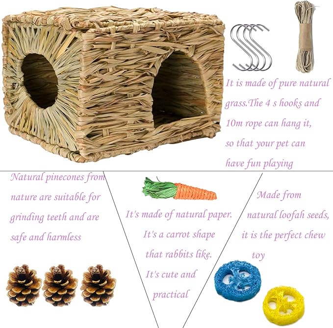 Bunny Grass House-Hand Made Edible Natural Grass Hideaway Comfortable Playhouse for Rabbits, Guinea Pigs and Small Animals to Play,Sleep and Eat (style3)