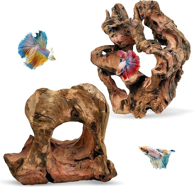 PINVNBY 2 PCS Betta Fish Hideout Natural Wood Aquarium Cave Driftwood Aquascaping Fish Tank Decorations for Shrimp Crayfish and Other Small Aquatic Pets