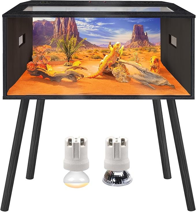 Prolee 36 Gallon Reptile Tank, Tempered Glass Bearded Dragon Tank with Wooden Roof and Lockable Doors, Large Lizard Habitat with Built-in Lamp Fixture for Snakes, Iguanas, Chameleons (Black)