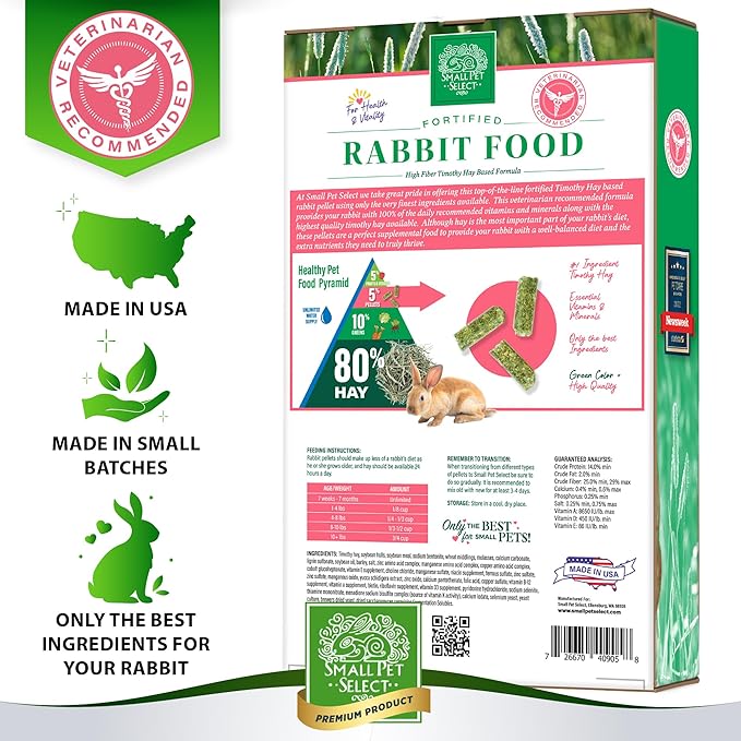 Small Pet Select Pet Rabbit Food, Pellets, Treats for Bunny Rabbits, for Health and Vitality, High Fiber Timothy Hay Based Formula, 40 lb