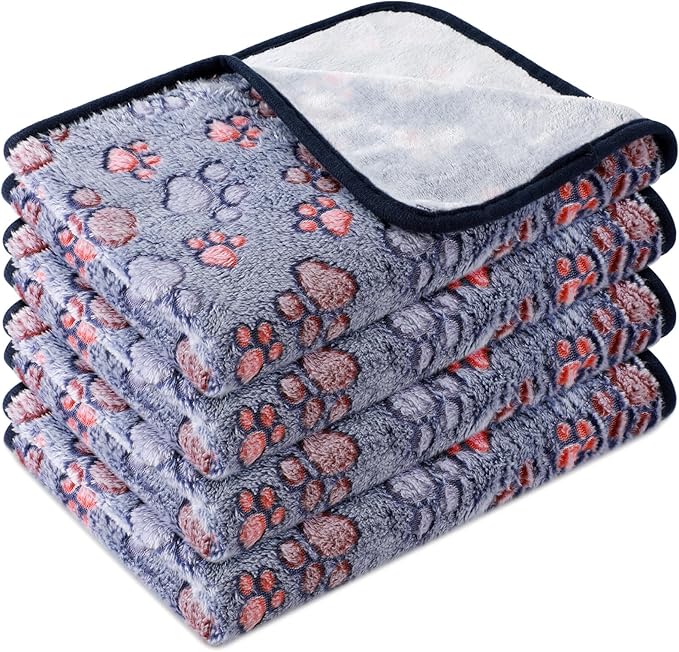 Tatuo 4 Pcs Dog Blanket for Pet Cat Blankets Indoor Puppy Teething Stuff Toys Paw Print Fleece Blanket Warm Sleep Mat for Guinea Pig Cage(Blue,Small(24 x 16 Inch),Square)
