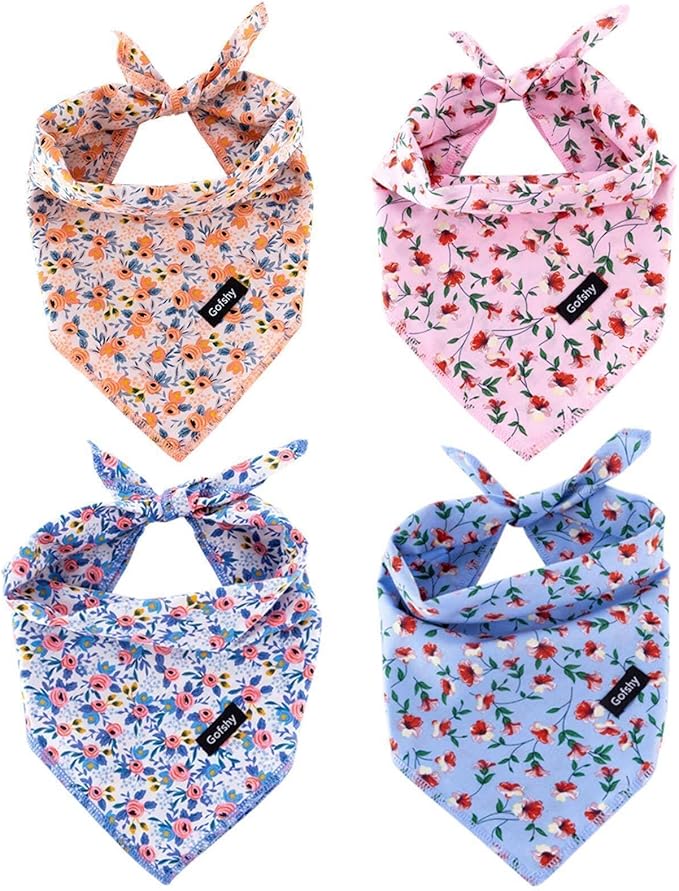 Spring Dog Bandanas Small-4PCS Puppy Bandana Orange Pink Blue Floral Printing Dog Bib Handkerchief Scarf Breed Accessories for Small XSmall Dogs Cats Gift
