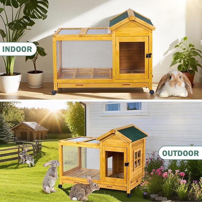 Outdoor Wooden Rabbit Cage:Rabbit Hutch Indoor, Bunny Hutch with Leak-Proof Pull Out Tray&Hideout, Small Animal Cage for Rabbits, Large Guinea Pigs, Portable Habitat with Lockable Wheels
