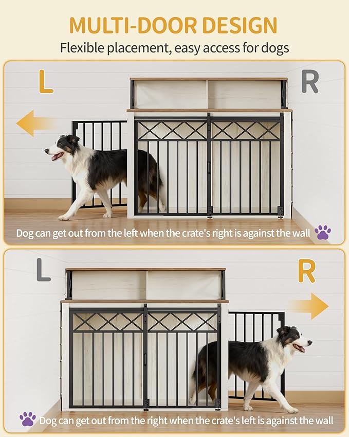 Hzuaneri 39.4'' Dog Crate Furniture, Large Wooden Dog Crate with Storage and 3 Doors, Indoor Kennel for Medium/Large Dogs, End Table with Barn Door, Chew-Proof and Escape-Proof, White Brown DFC87414B