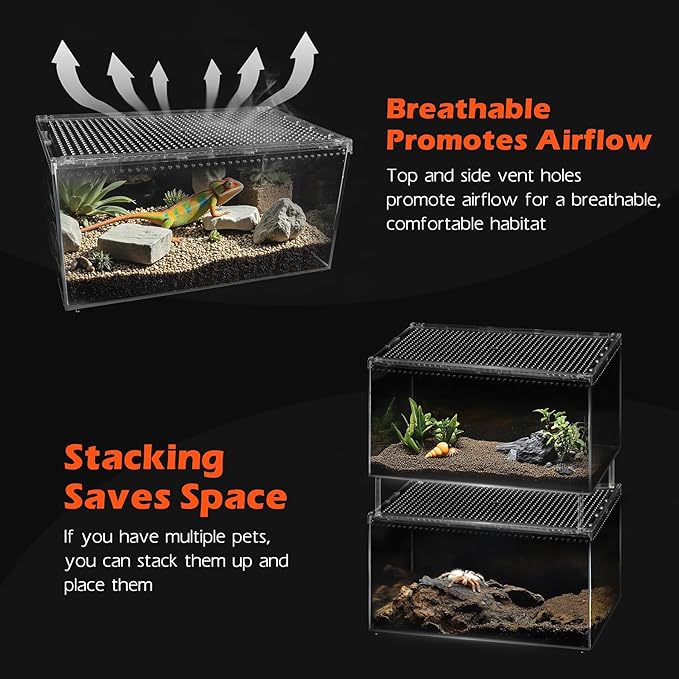 AZV Escape Proof Reptile Terrarium,Shatter Proof Polycarbonate Tarantula Tank with Magnetic Lid,Ventilated Spider Enclosure,360° Clear View,Easy Clean Habitat for Gecko,Frogs,Insects,Hermit Crabs L