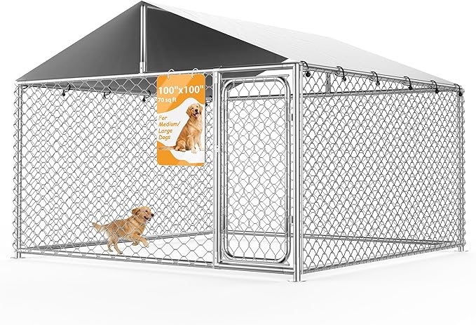 8.3x8.3 FT Heavy-Duty Outdoor Dog Kennel with Waterproof Cover, UV-Resistant Roof, Secure Locking Mechanism for Large Dogs, Metal Enclosure for All Weather Conditions（100x100x85IN）