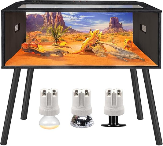 Prolee 80 Gallon Reptile Tank, Tempered Glass Bearded Dragon Tank with Wooden Roof and Lockable Doors, Large Lizard Habitat with Built-in Lamp Fixture for Snakes, Iguanas, Chameleons (Black)