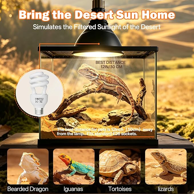 UVB Light for Reptiles 10.0: Bearded Dragon UVB Light for Desert Habitats,15W UVA UVB Reptile Light Bulb for Lizards Tortoises,Terrarium Compact Fluorescent Lamp-UVB Bulbs with Free UV Sensor Card