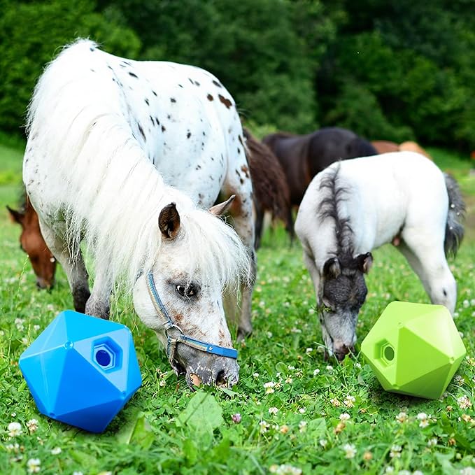 Horse Treat Ball, 9" Horse Ball Feeder Toy & Stress Reliever with 1.13 Inch Opening for Paddock, Slow Feed Enrichment Toys for Horses to Play(2 Pack,Green Blue)
