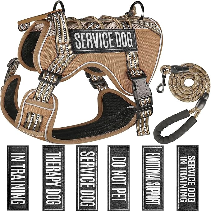 Service Dog Tactical Vest Harness and Leash Set Medium Sized Dog Emotional Support- Tactical Dog Harness Training Collar with Name (Khaki, L)