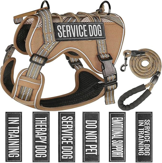 Service Dog Tactical Vest Harness and Leash Set Medium Sized Dog Emotional Support- Tactical Dog Harness Training Collar with Name (Khaki, S)
