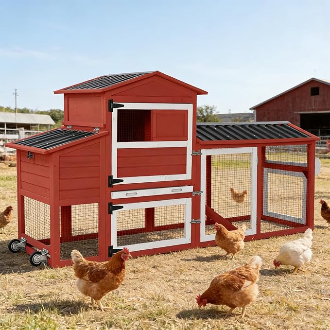 80’’ Chicken Coop with Wheels, Outdoor Wooden Chicken House with Nesting Box, Poultry Chicken Cage with Weatherproof Roof and Leakproof Pull-on Tray, Large Chicken Coops with 2-4 Chickens (Red)