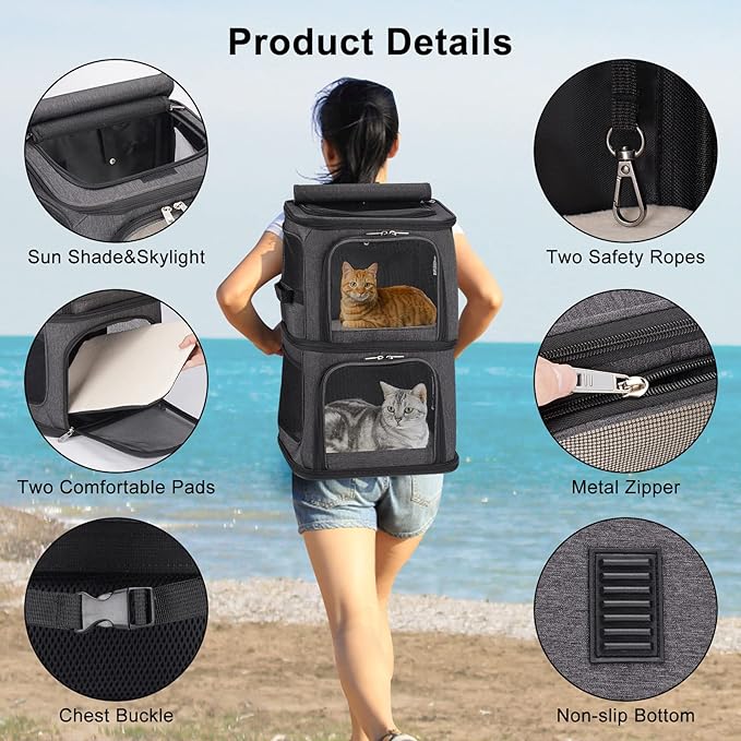 2-in-1 Double Pet Carrier Backpack for Small Cats and Dogs, Portable Pet Travel Carrier, Super Ventilated Design, Ideal for Traveling/Hiking/Camping, Black