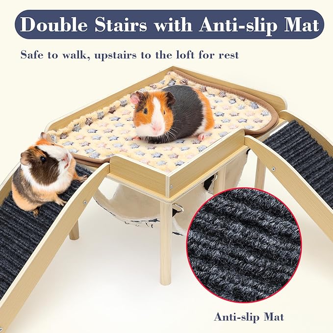 Guinea Pig Hideout Castle, Wooden Chinchilla House with 2 Stairs and Hammock, Small Animals Habitats Hut Accessories for Hamsters Bunny Rabbit Hedgehog Playing Hiding, Easy Assembly