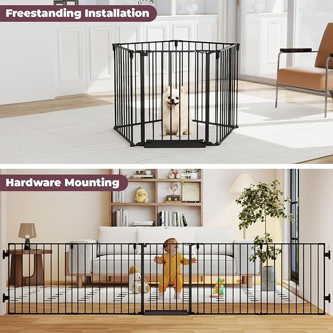 127.5" Extra Wide Baby Gate for Fireplace Christmas Tree, Configurable 5 Metal Panels Baby Fence, Child Gate for Wide Openings with Anti-Trip Pedal, Long Kid Gate for Dog Pet, 28'' Tall Black
