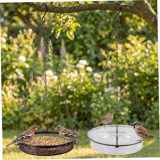 Birdfeeders Outside Hanging, 2-in-1 Metal Birdfeeder & Birdbath Wild Bird Feeder with Mesh Tray and Water Bowl for Garden, Patio, Or Yard