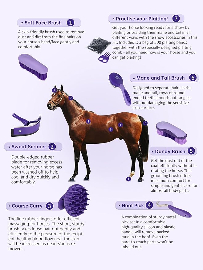 Harrison Howard Horse Grooming Brush Set, 7 Essential Grooming Brushes for Daily Horse Care, Body, Mane, Tail & Shedding Use Purple