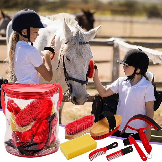 Cunhill 9 Pcs Horse Grooming Kit Tack Room Supplies Set with Tote Bag, Oval Massage Curry, Hard and Soft Brush, Hoof Pick, Sweat Scraper, Bathing Sponge, Comb for Horse Rider(Cute,Red)
